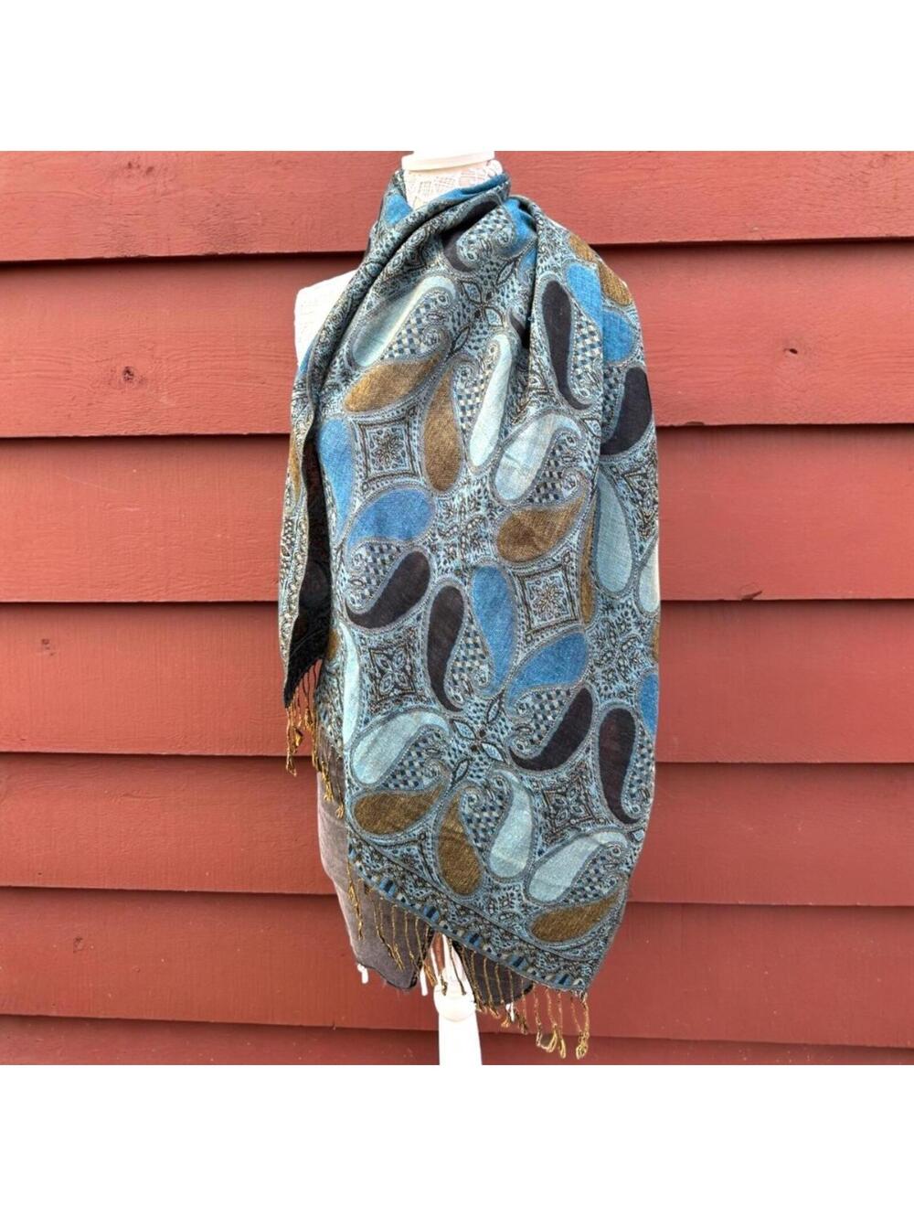 Blue‎ Green Paisley Pashmina Silk Blend Shawl Scarf Wrap